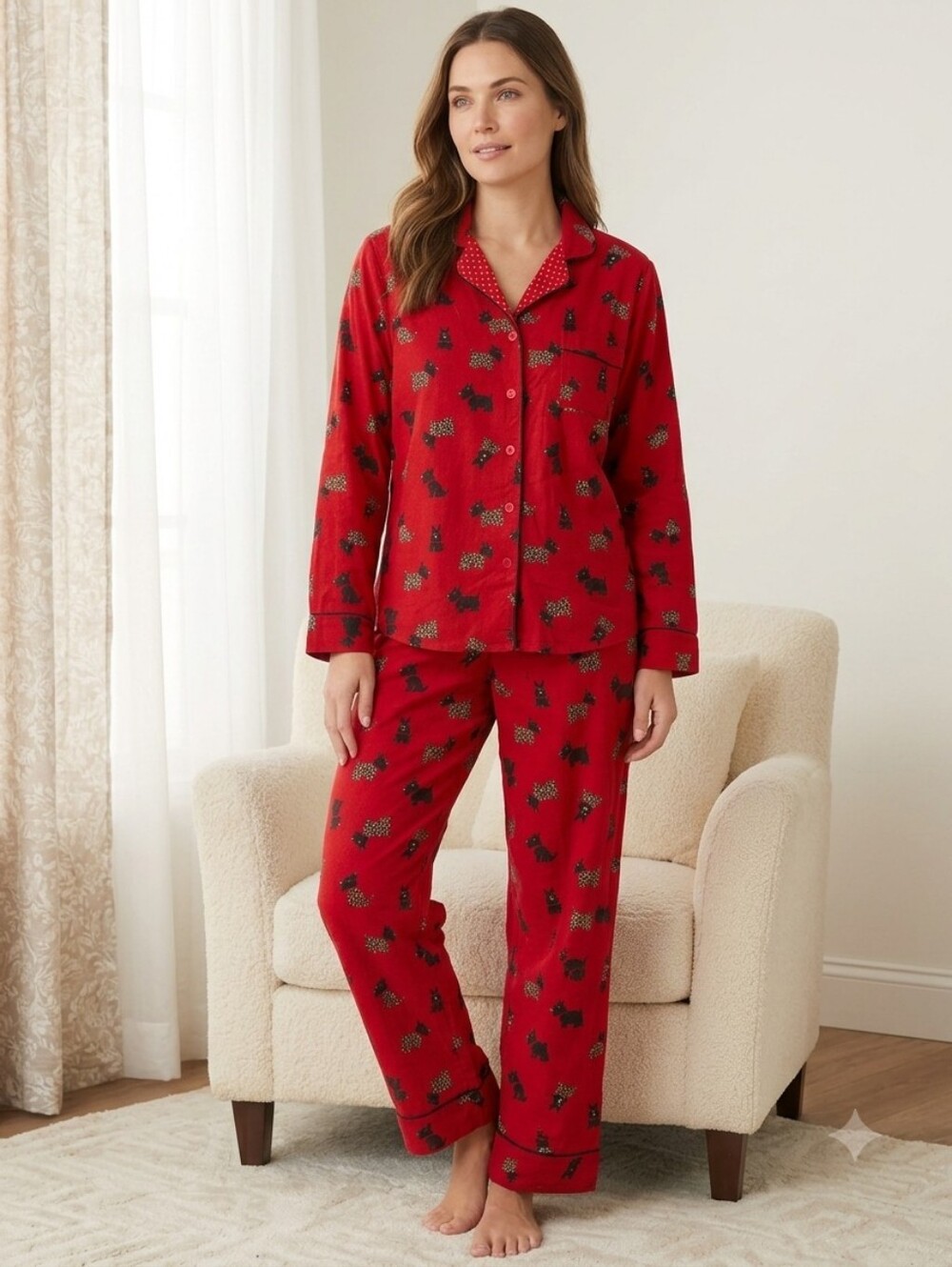 Vintage Adonna Red Scottie Dog 100% Cotton 2-Piece Pajama Set Large